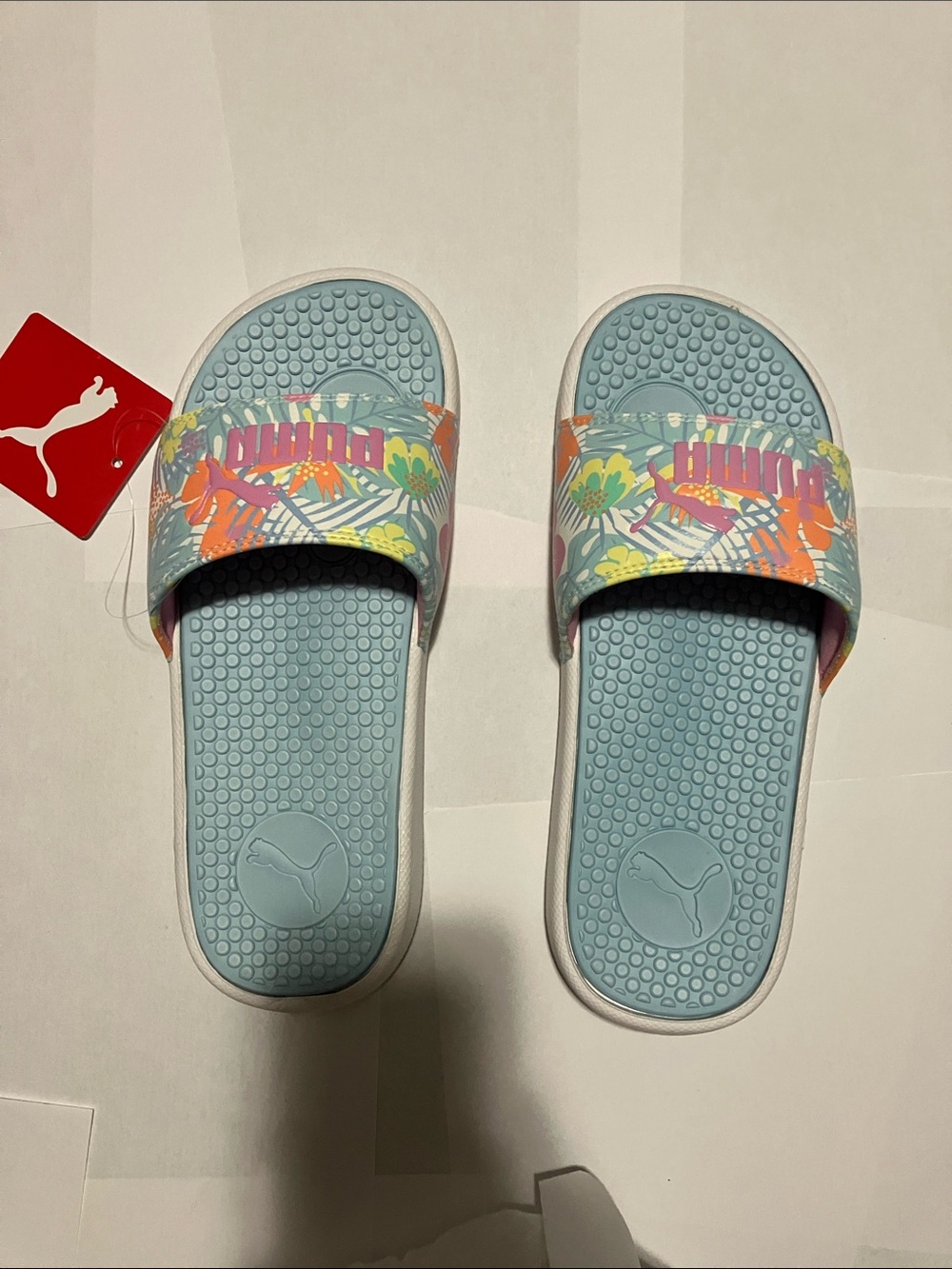 Puma Light Blue Floral-Print Slide Sandals cool cat tropical punch